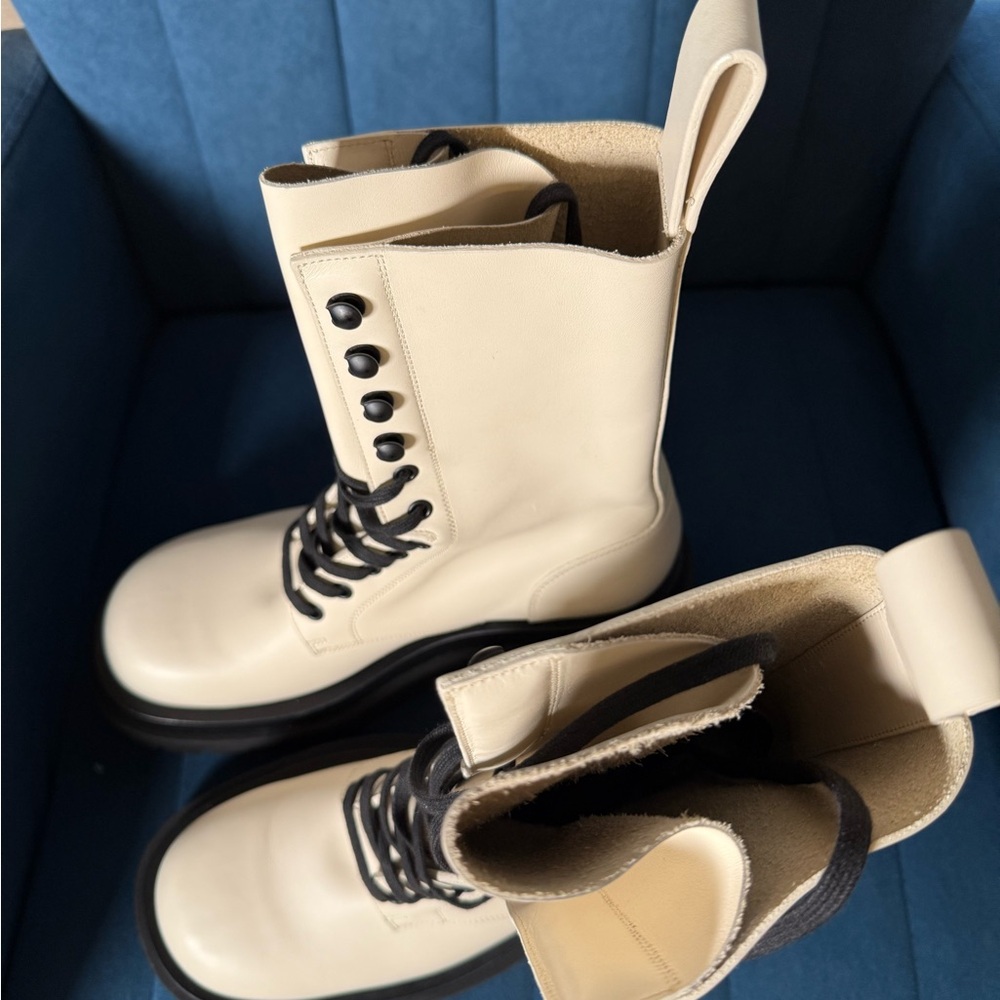 Cream Lace-Up Combat Boots with Black Soles